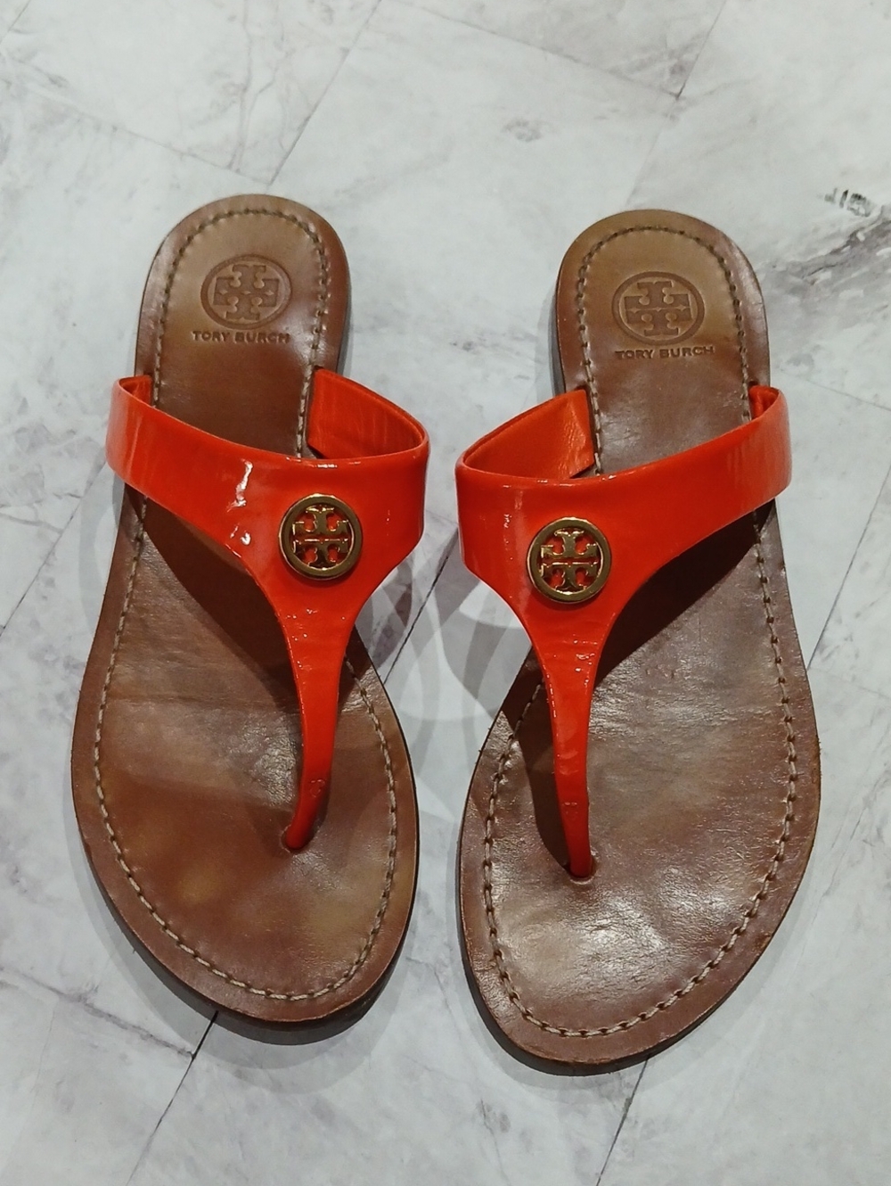 Tory Burch Orange Patent Leather Logo Thong Sandals